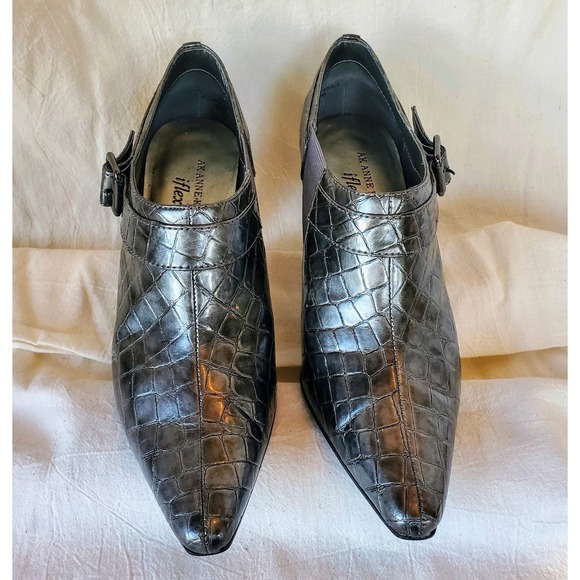 AK SZ 6.5 Gunmetal Croc Embossed Alligator Leather Bootie Pointy Toe Shoe Pumps - Picture 2 of 10